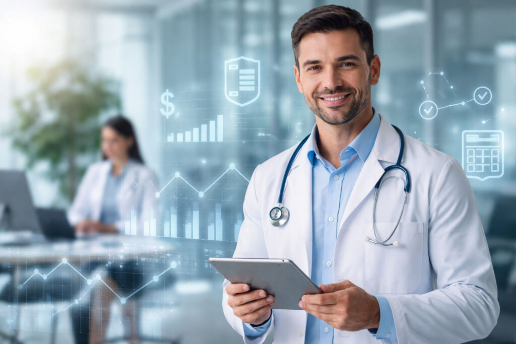 Médico em consultório moderno utilizando tablet, com elementos visuais de gestão financeira e organização profissional ao fundo.